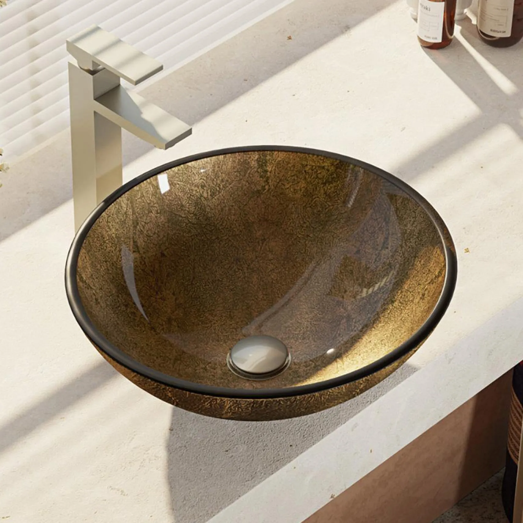 Rene 17" Round Glass Bathroom Sink, Regal Bronze and Earth Tones, with Faucet, R5-5035-R9-7003-BN