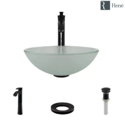 Rene 17" Round Glass Bathroom Sink, Frosted, with Faucet, R5-5002-R9-7006-ABR