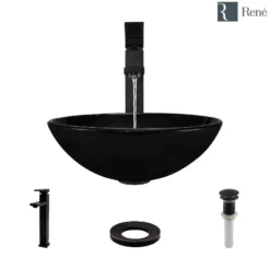 Rene 17" Round Glass Bathroom Sink, Noir, with Faucet, R5-5001-NOR-R9-7003-ABR
