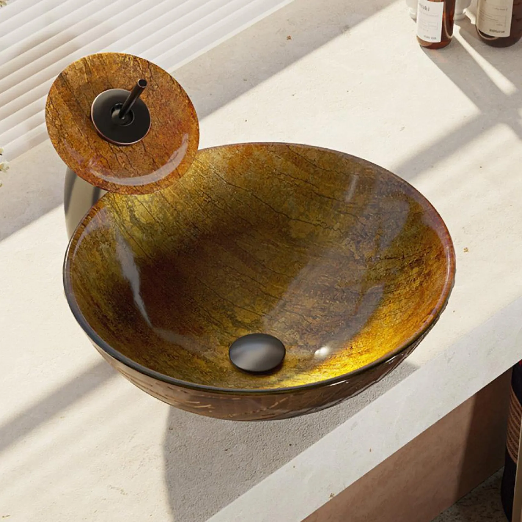 Rene 17" Round Glass Bathroom Sink, Bronze, with Faucet, R5-5030-WF-ABR