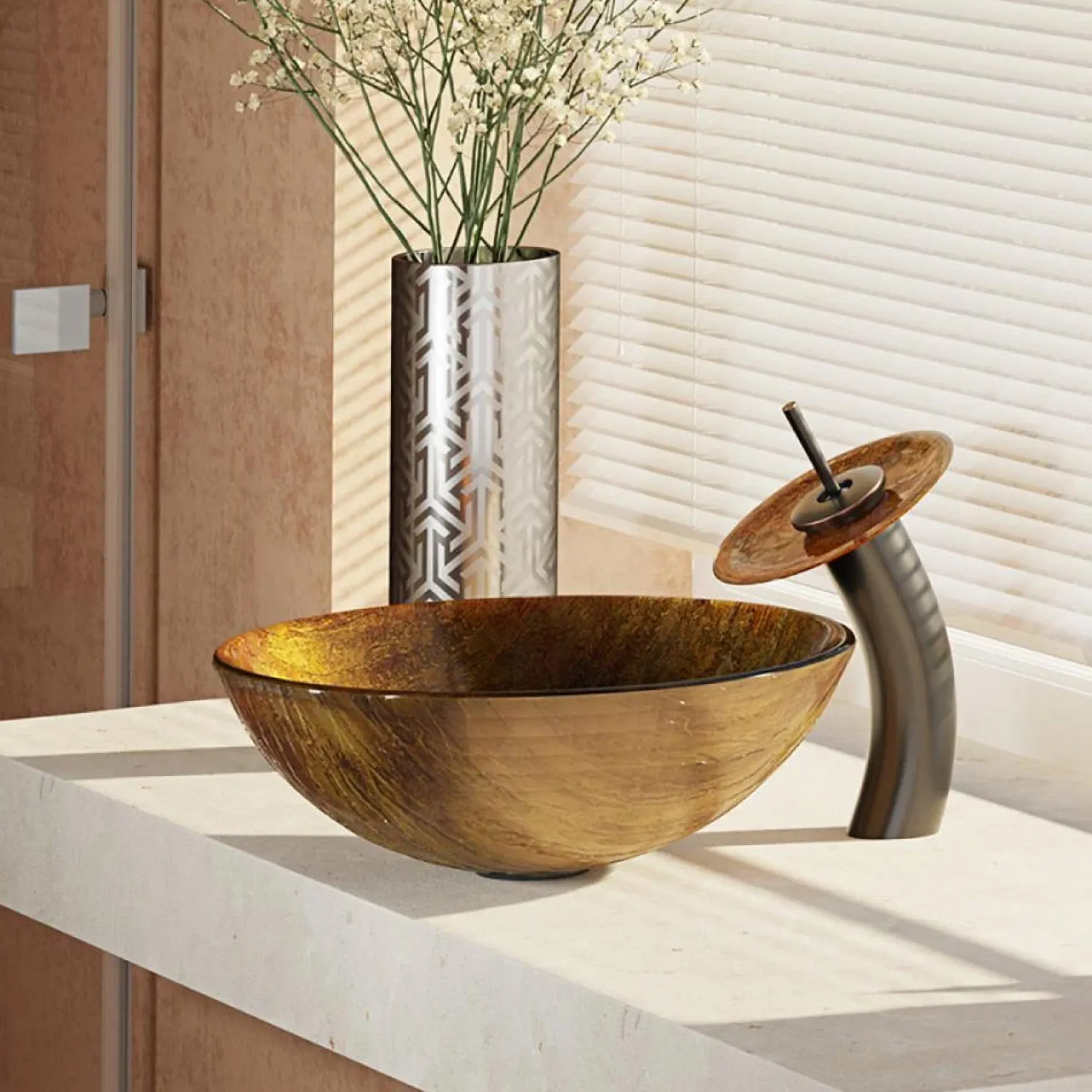 Rene 17" Round Glass Bathroom Sink, Bronze, with Faucet, R5-5030-WF-ABR