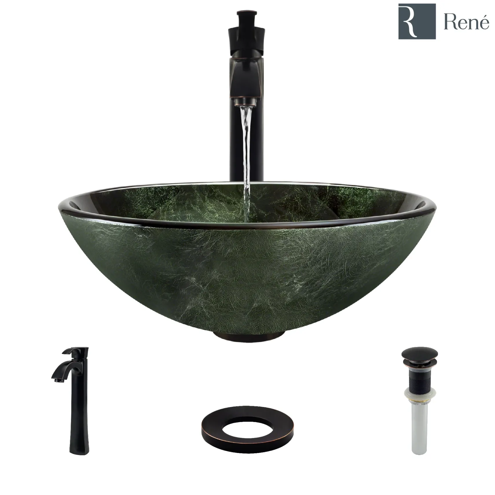 Rene 17" Round Glass Bathroom Sink, Forest Green, with Faucet, R5-5027-R9-7006-ABR