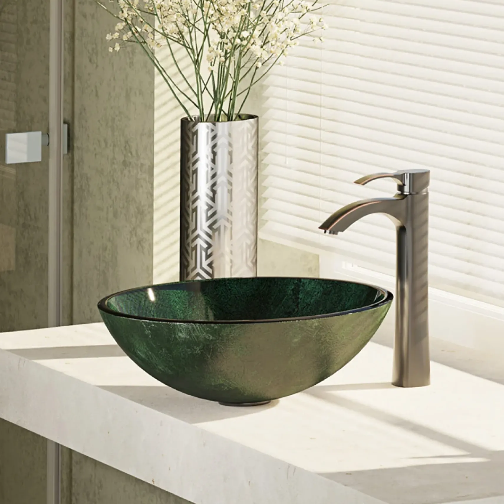 Rene 17" Round Glass Bathroom Sink, Forest Green, with Faucet, R5-5027-R9-7006-ABR