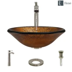 Rene 18" Round Glass Bathroom Sink, Orange Gold Foil, with Faucet, R5-5013-R9-7007-BN