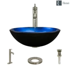 Rene 17" Round Glass Bathroom Sink, Gradient Blue, with Faucet, R5-5008-R9-7001-BN