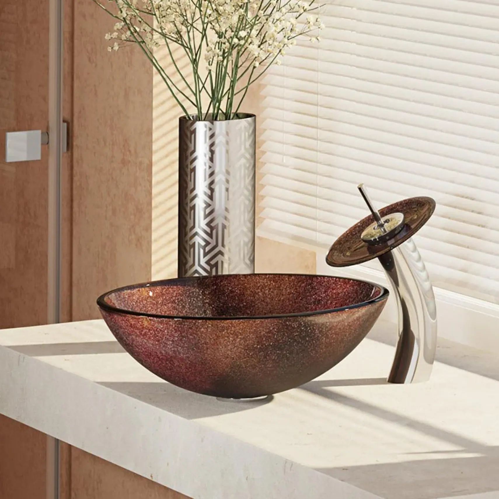 Rene 17" Round Glass Bathroom Sink, Multi-Color, with Faucet, R5-5014-WF-C