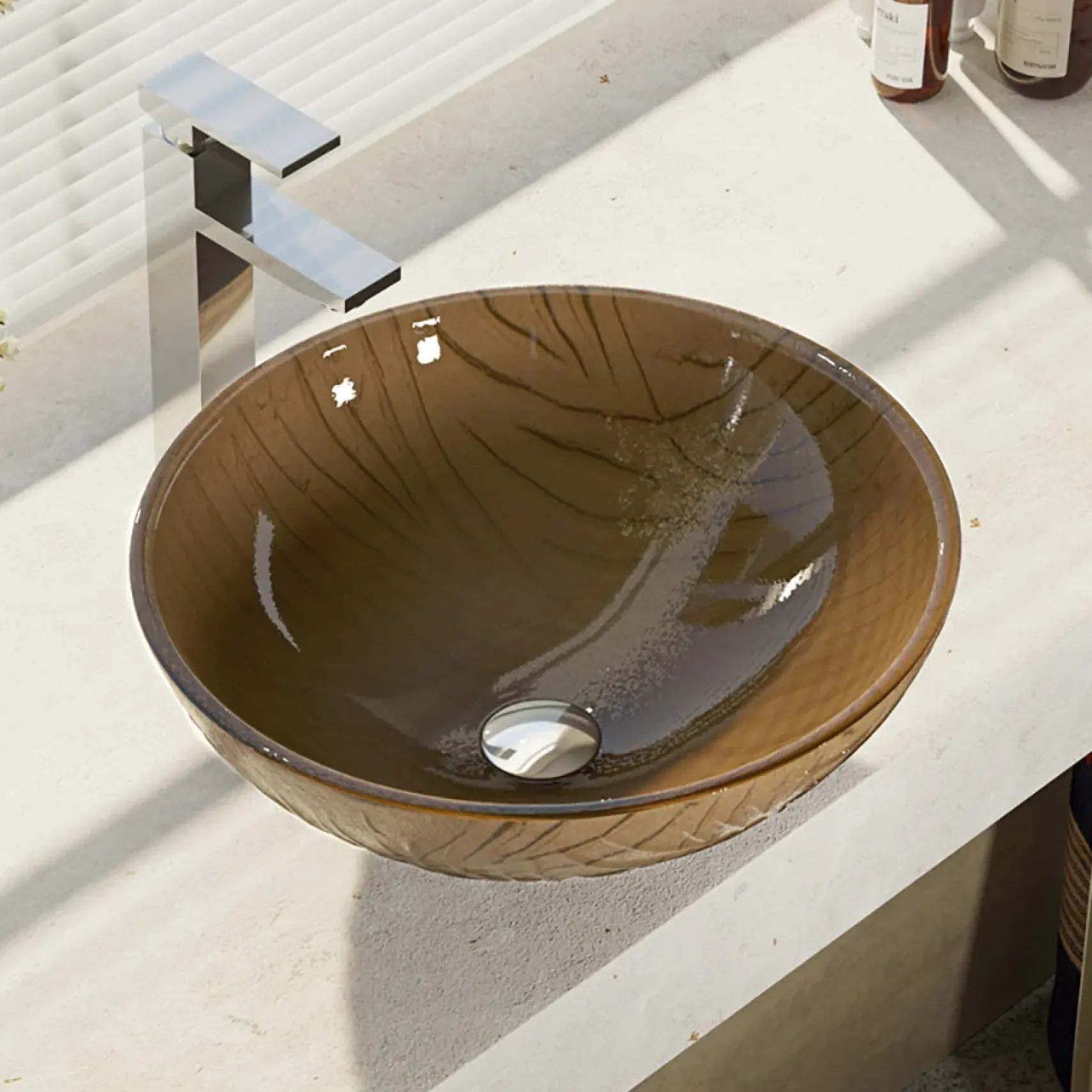 Rene 17" Round Glass Bathroom Sink, Beach Sand, with Faucet, R5-5025-R9-7003-C