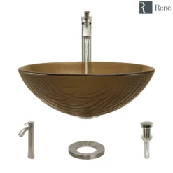 Rene 17" Round Glass Bathroom Sink, Beach Sand, with Faucet, R5-5025-R9-7006-BN