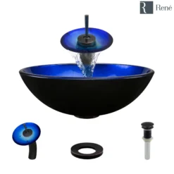 Rene 17" Round Glass Bathroom Sink, Gradient Blue, with Faucet, R5-5008-WF-ABR