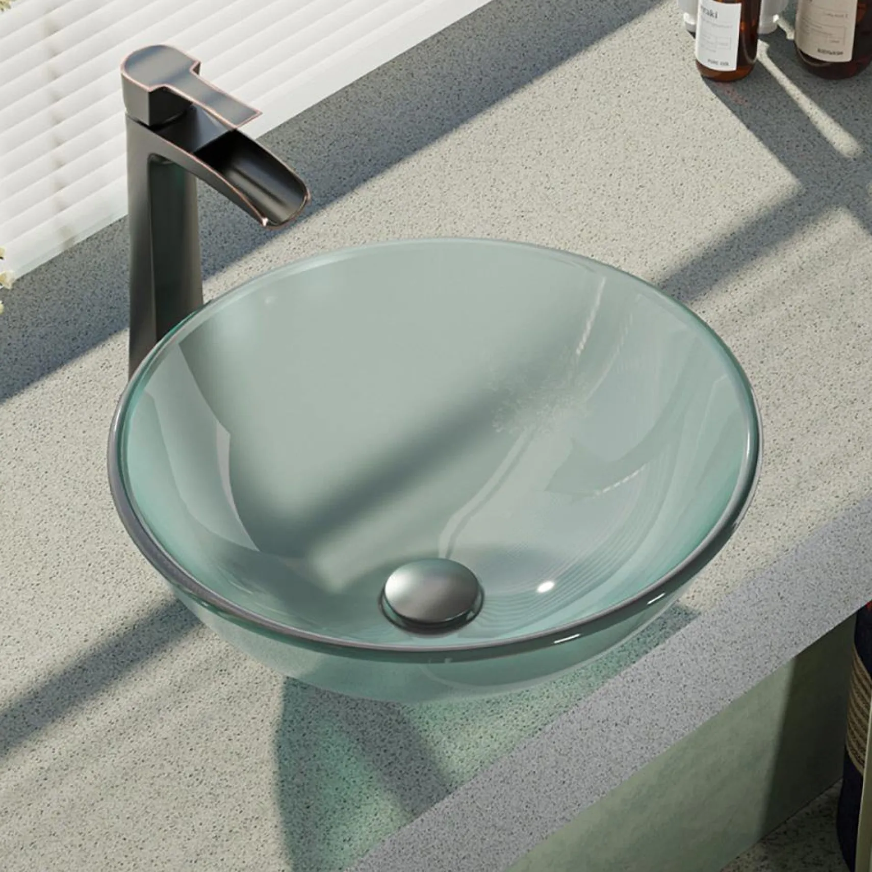 Rene 17" Round Glass Bathroom Sink, Frosted, with Faucet, R5-5002-R9-7007-ABR