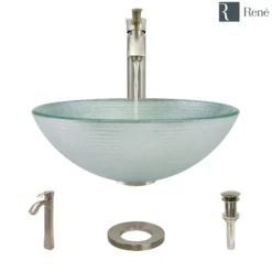 Rene 17" Round Glass Bathroom Sink, Sparkling Silver, with Faucet, R5-5034-R9-7006-BN