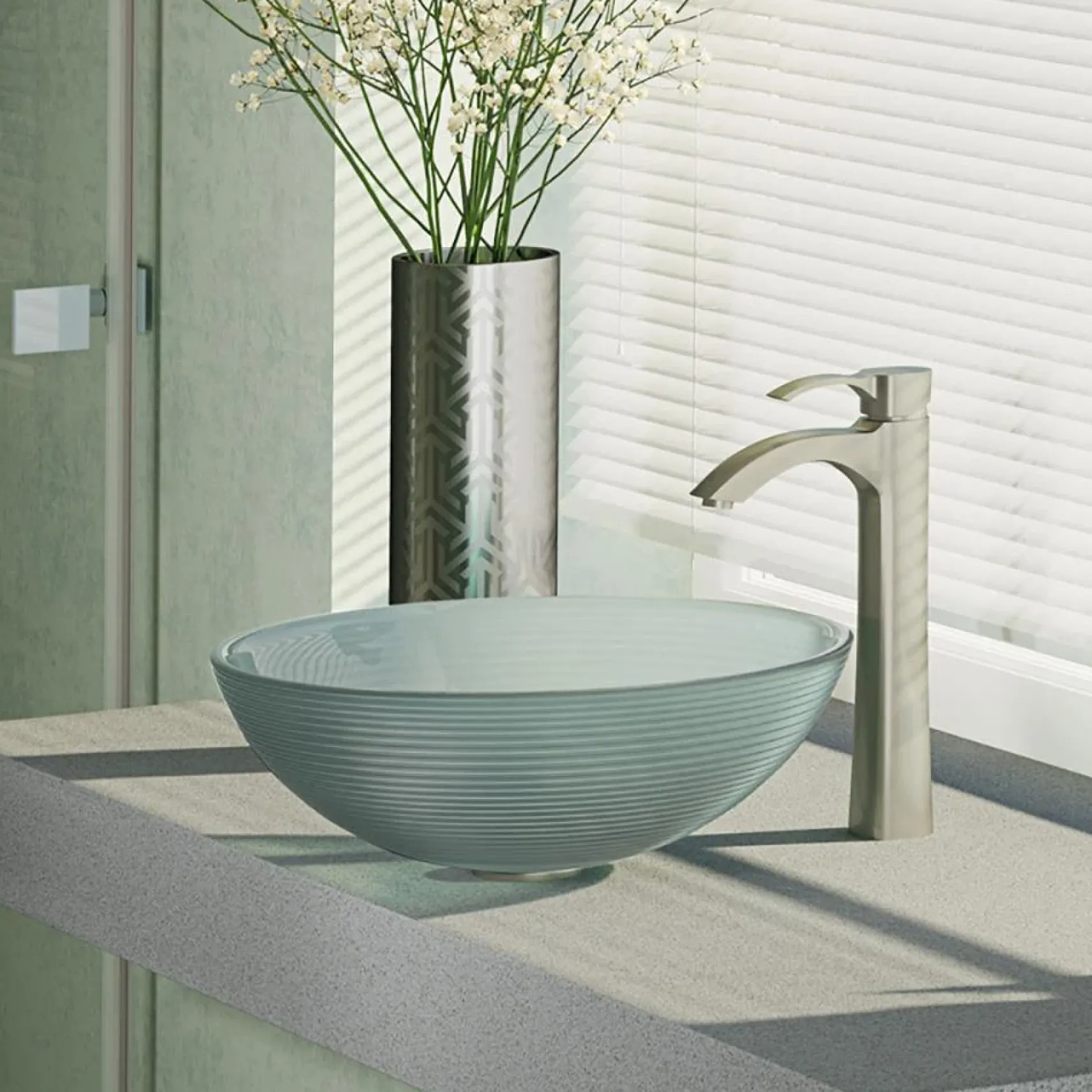 Rene 17" Round Glass Bathroom Sink, Sparkling Silver, with Faucet, R5-5034-R9-7006-BN