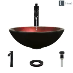 Rene 17" Round Glass Bathroom Sink, Gradient Red, with Faucet, R5-5007-R9-7006-ABR