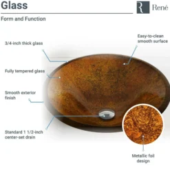 Rene 18" Round Glass Bathroom Sink, Orange Gold Foil, with Faucet, R5-5013-R9-7003-BN