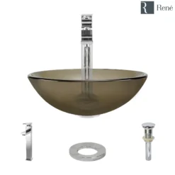 Rene 17" Round Glass Bathroom Sink, Cashmere, with Faucet, R5-5001-CAS-R9-7003-C