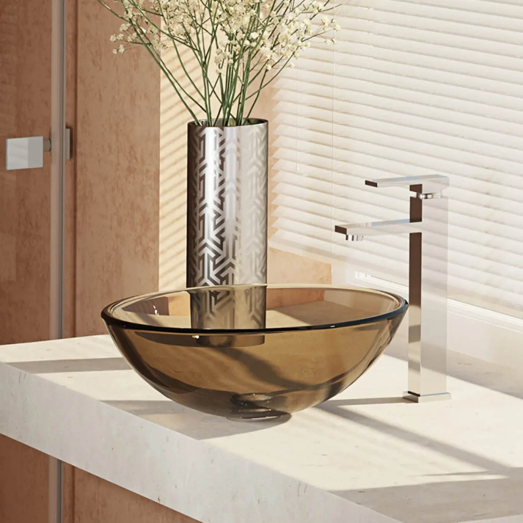 Rene 17" Round Glass Bathroom Sink, Cashmere, with Faucet, R5-5001-CAS-R9-7003-C