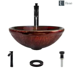 Rene 17" Round Glass Bathroom Sink, Fiery Red, with Faucet, R5-5018-R9-7006-ABR