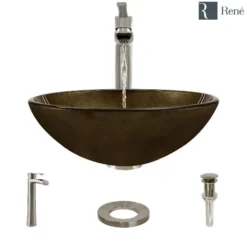 Rene 17" Round Glass Bathroom Sink, Regal Bronze and Earth Tones, with Faucet, R5-5035-R9-7007-BN