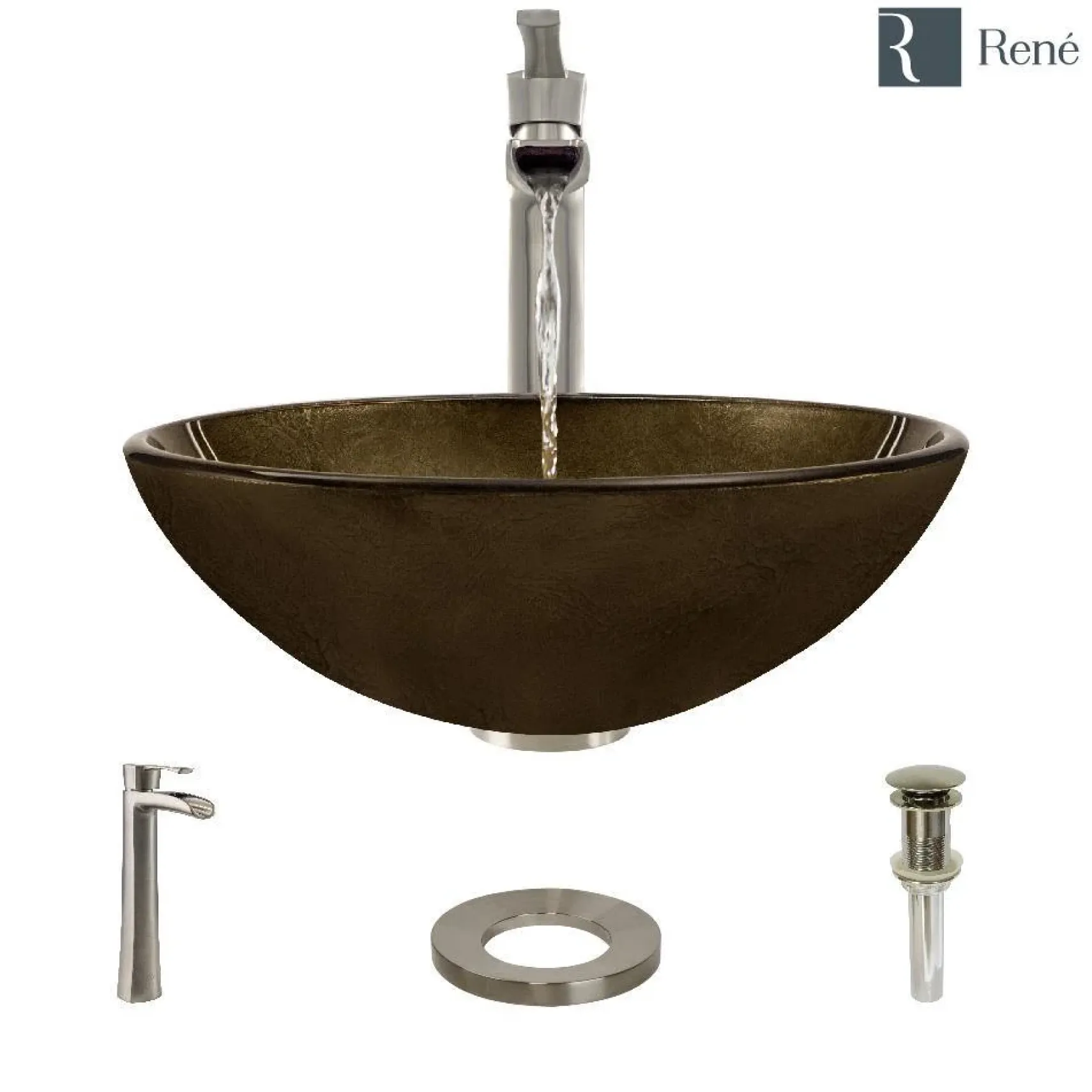 Rene 17" Round Glass Bathroom Sink, Regal Bronze and Earth Tones, with Faucet, R5-5035-R9-7007-BN