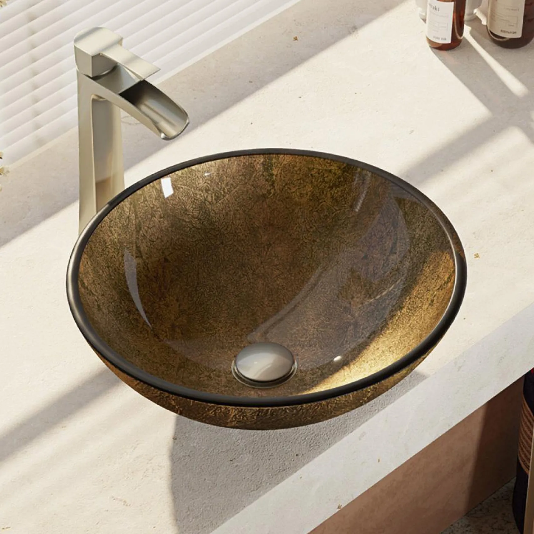 Rene 17" Round Glass Bathroom Sink, Regal Bronze and Earth Tones, with Faucet, R5-5035-R9-7007-BN