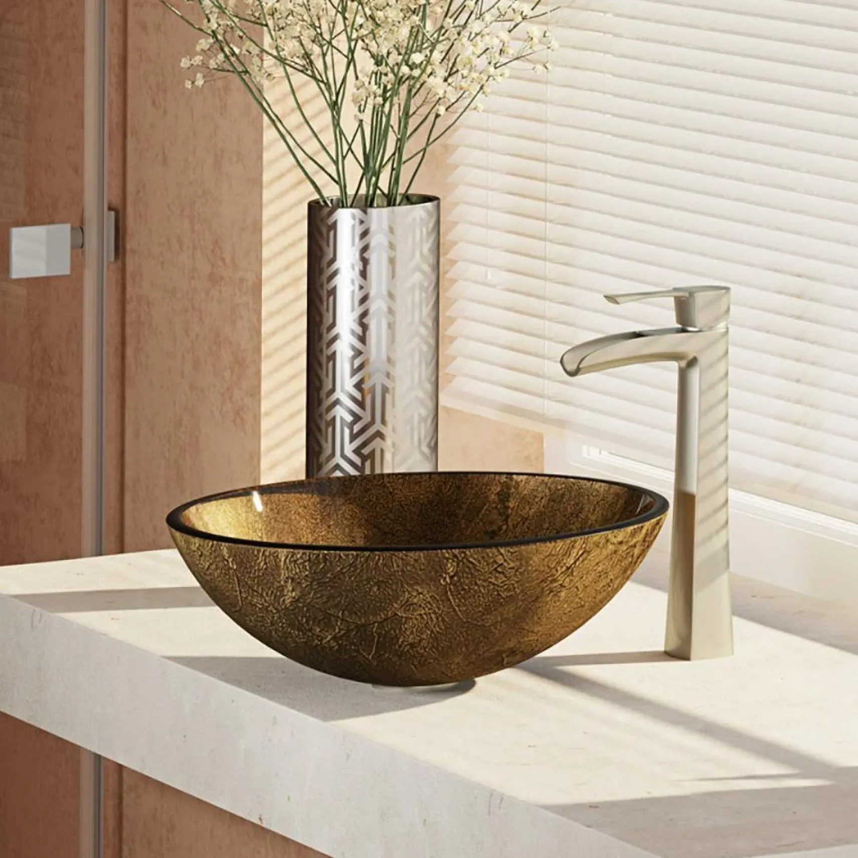 Rene 17" Round Glass Bathroom Sink, Regal Bronze and Earth Tones, with Faucet, R5-5035-R9-7007-BN