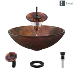 Rene 17" Round Glass Bathroom Sink, Multi-Color, with Faucet, R5-5014-WF-ABR
