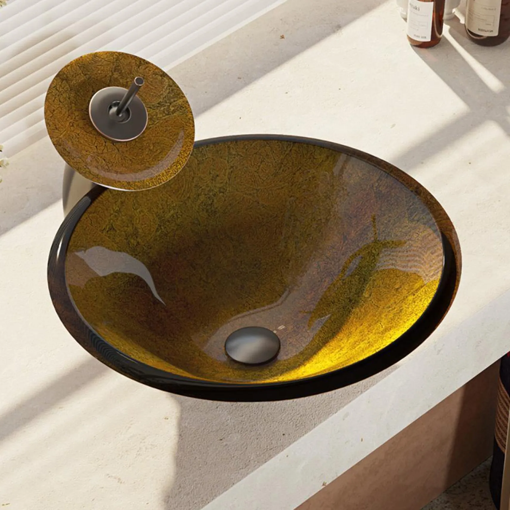 Rene 18" Round Glass Bathroom Sink, Orange Gold Foil, with Faucet, R5-5013-WF-ABR