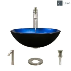 Rene 17" Round Glass Bathroom Sink, Gradient Blue, with Faucet, R5-5008-R9-7006-BN