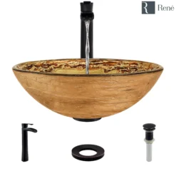 Rene 17" Round Glass Bathroom Sink, Golden and auburn, with Faucet, R5-5029-R9-7007-ABR