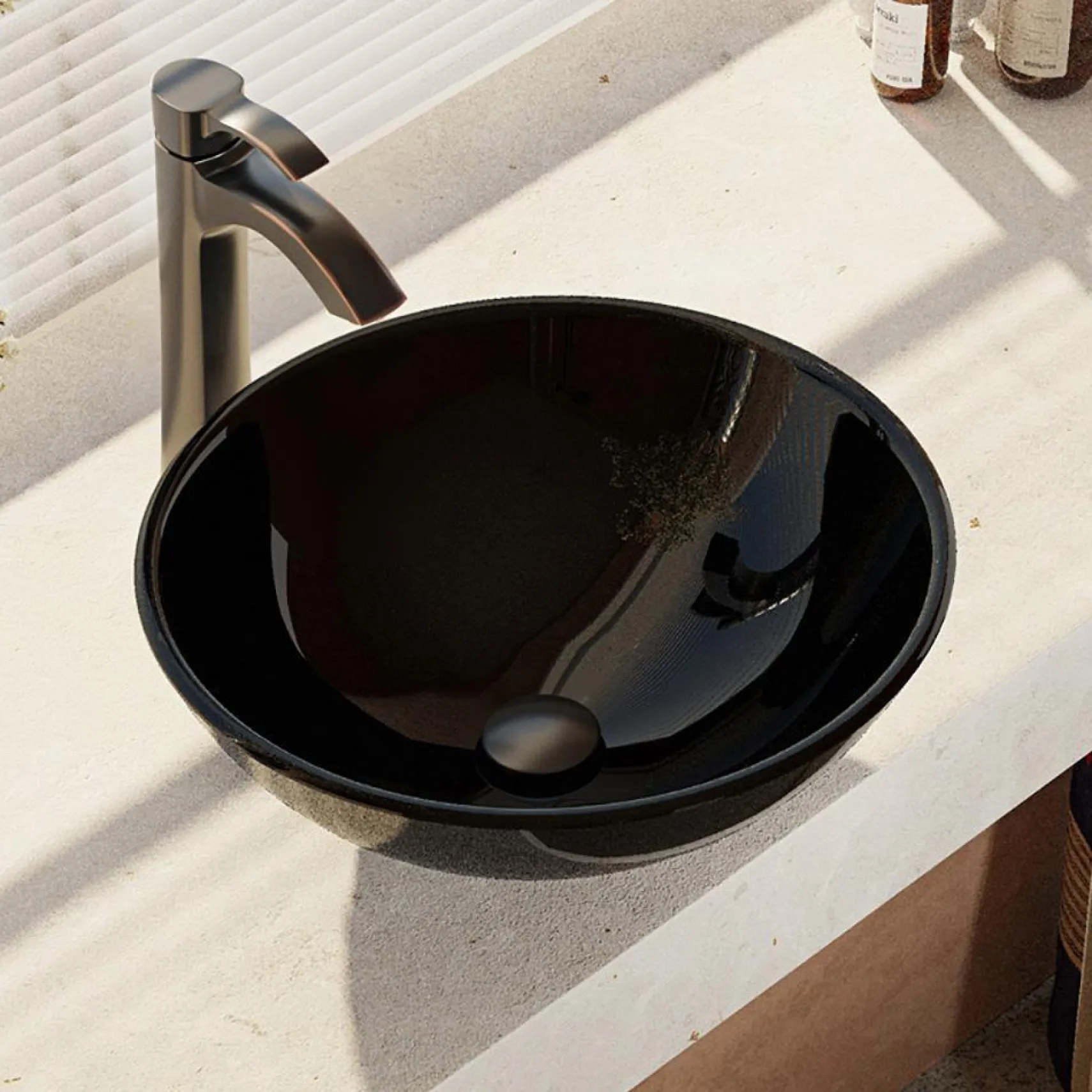 Rene 17" Round Glass Bathroom Sink, Noir, with Faucet, R5-5001-NOR-R9-7006-ABR