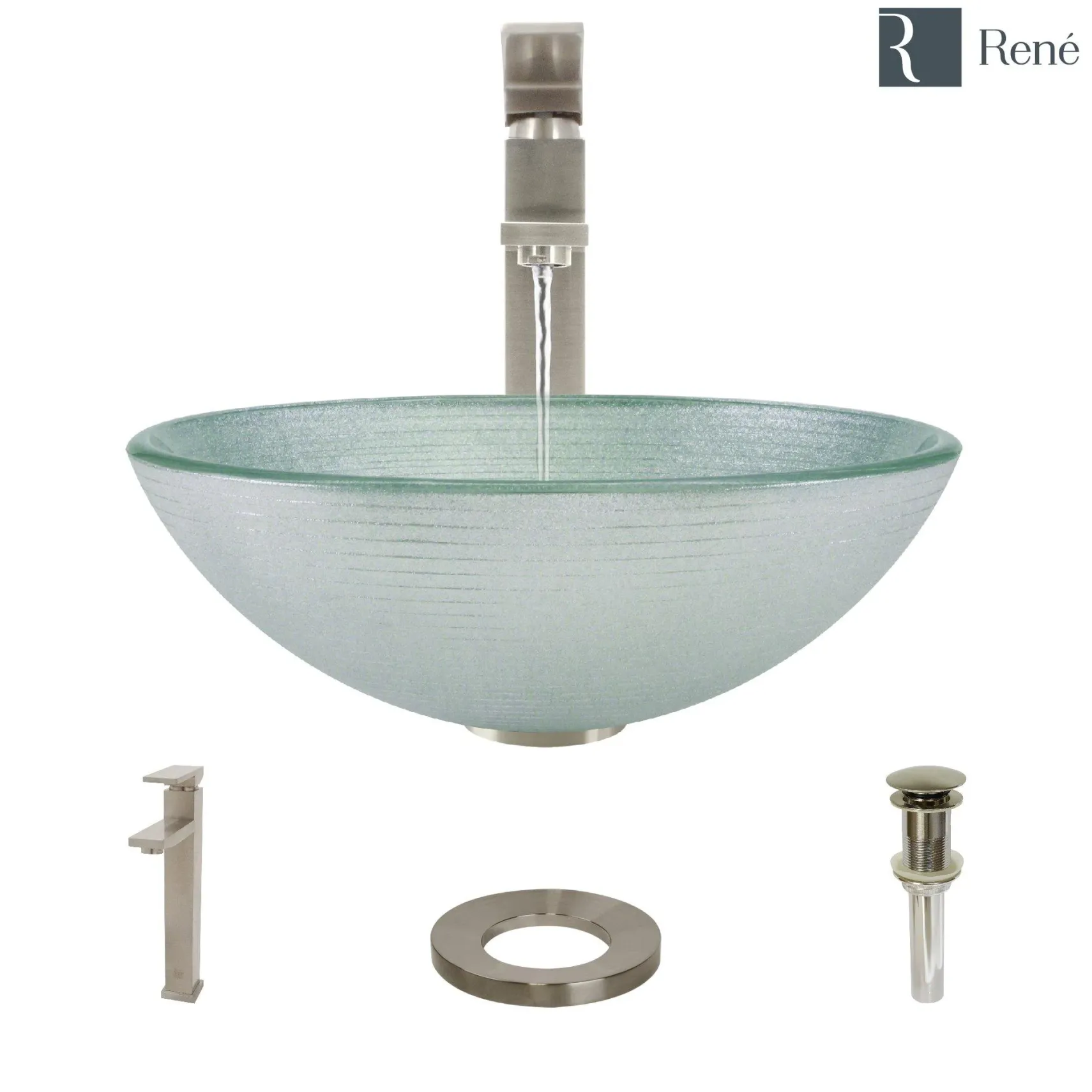 Rene 17" Round Glass Bathroom Sink, Sparkling Silver, with Faucet, R5-5034-R9-7003-BN