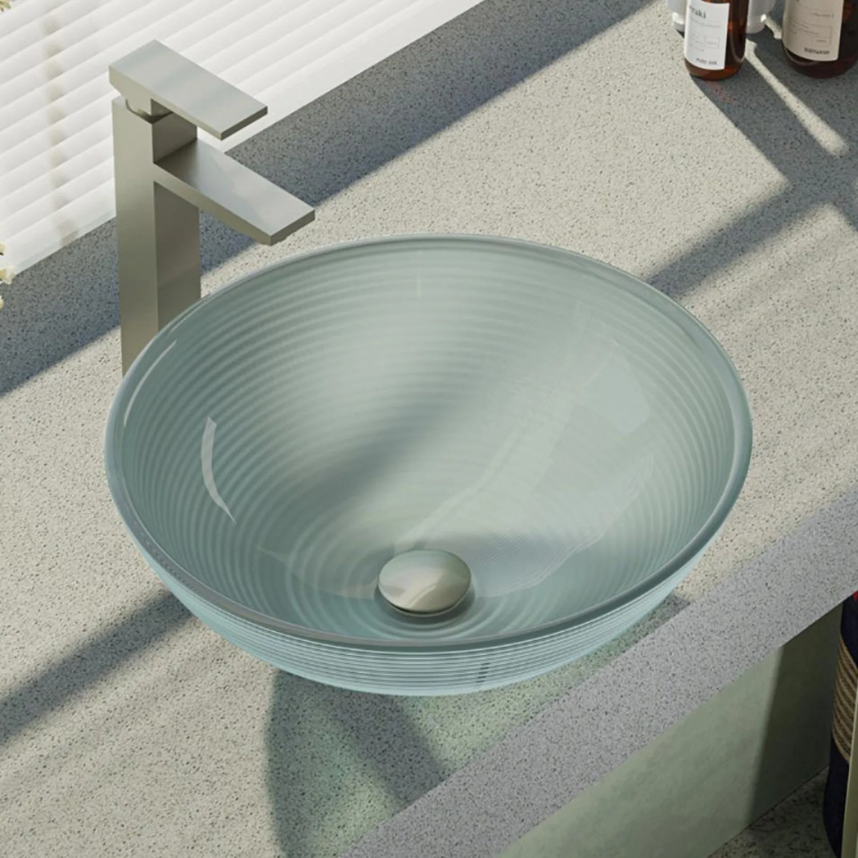 Rene 17" Round Glass Bathroom Sink, Sparkling Silver, with Faucet, R5-5034-R9-7003-BN