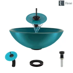 Rene 17" Round Glass Bathroom Sink, Cerulean, with Faucet, R5-5001-CER-WF-ABR