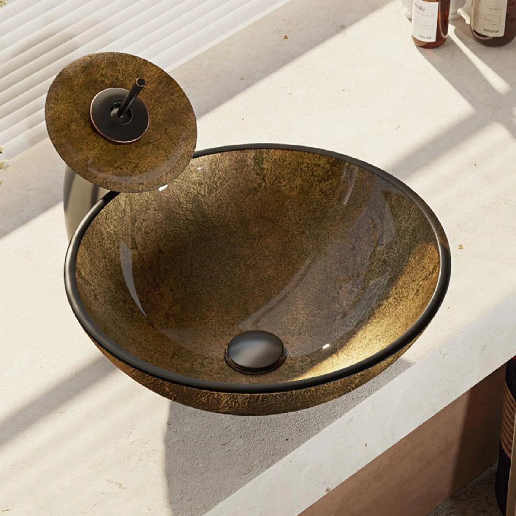 Rene 17" Round Glass Bathroom Sink, Regal Bronze and Earth Tones, with Faucet, R5-5035-WF-ABR