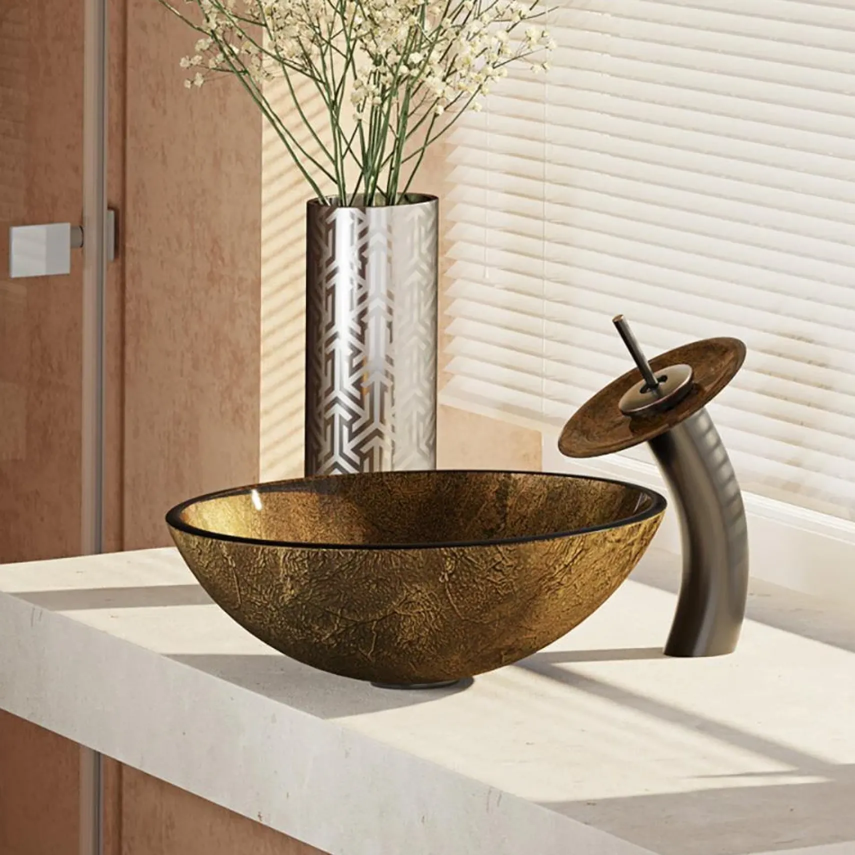 Rene 17" Round Glass Bathroom Sink, Regal Bronze and Earth Tones, with Faucet, R5-5035-WF-ABR