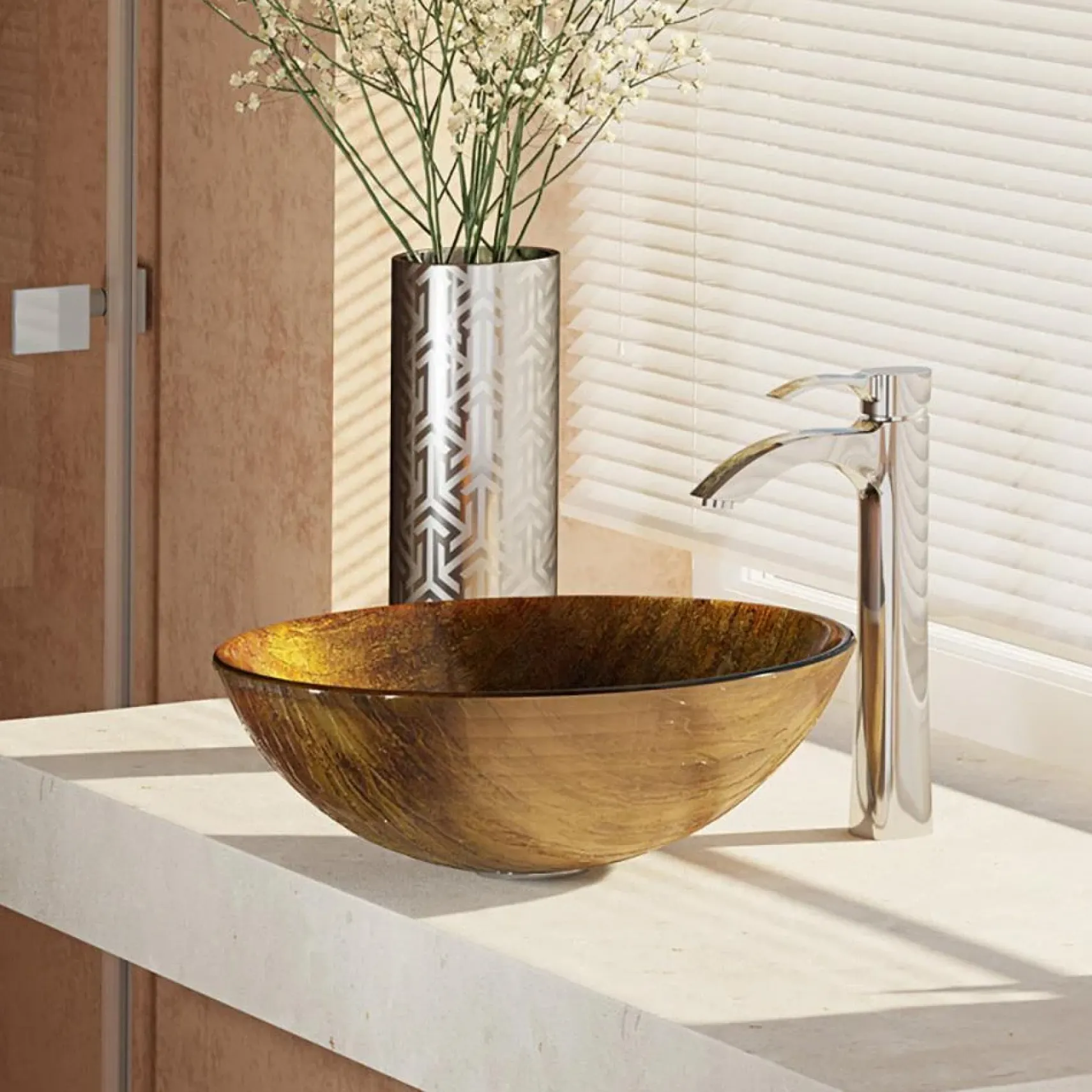Rene 17" Round Glass Bathroom Sink, Bronze, with Faucet, R5-5030-R9-7006-C