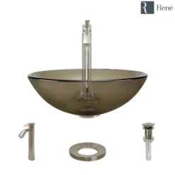 Rene 17" Round Glass Bathroom Sink, Cashmere, with Faucet, R5-5001-CAS-R9-7006-BN