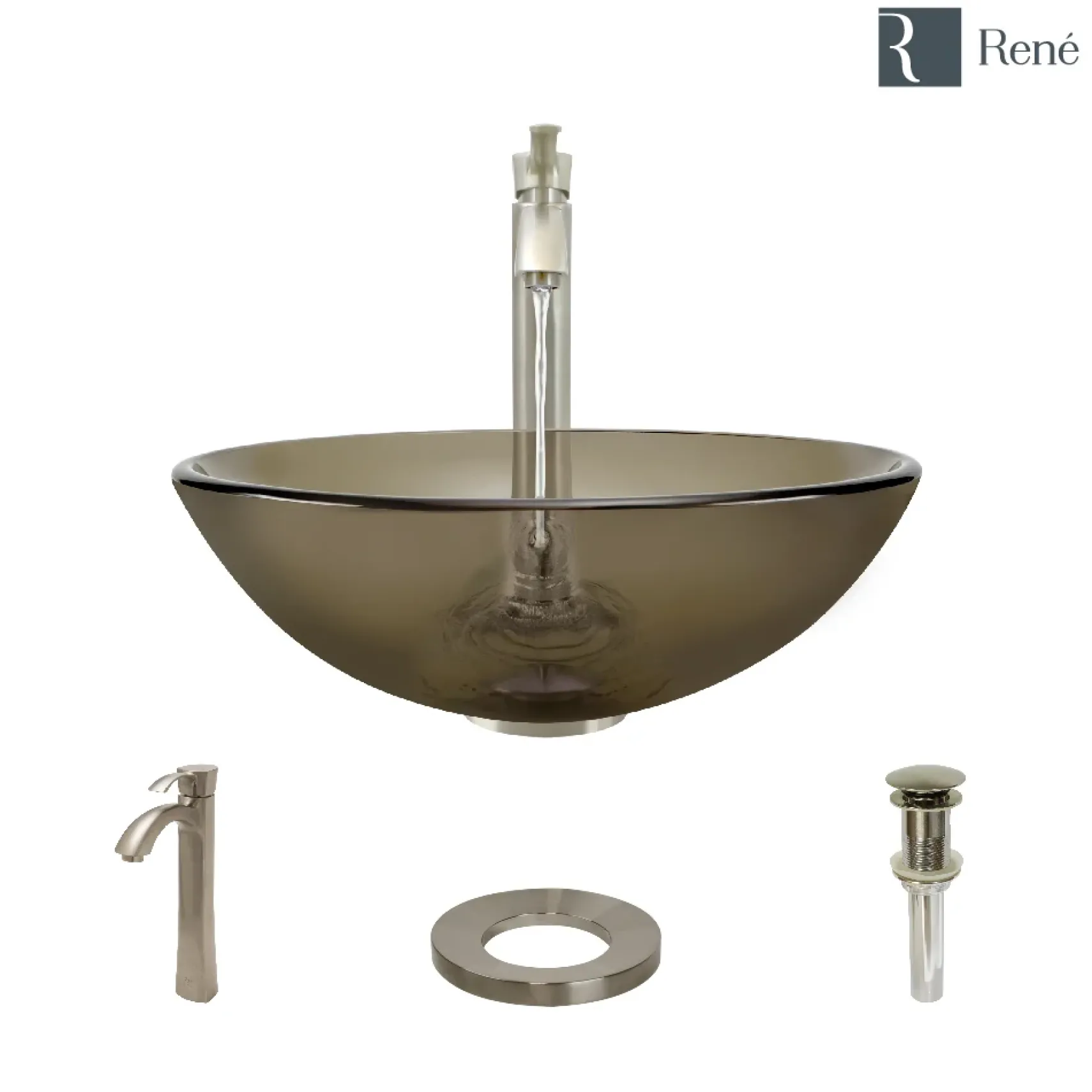 Rene 17" Round Glass Bathroom Sink, Cashmere, with Faucet, R5-5001-CAS-R9-7006-BN