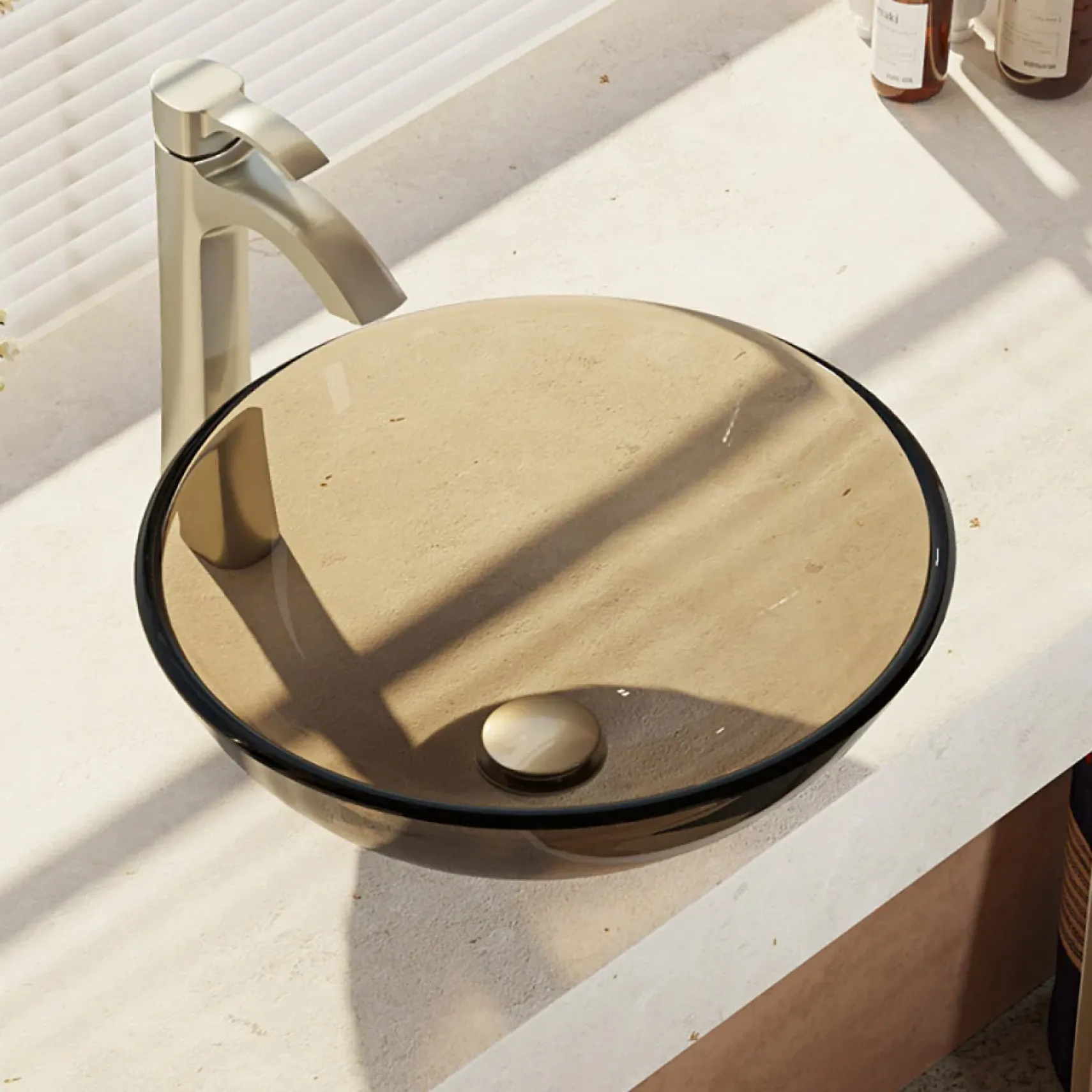 Rene 17" Round Glass Bathroom Sink, Cashmere, with Faucet, R5-5001-CAS-R9-7006-BN