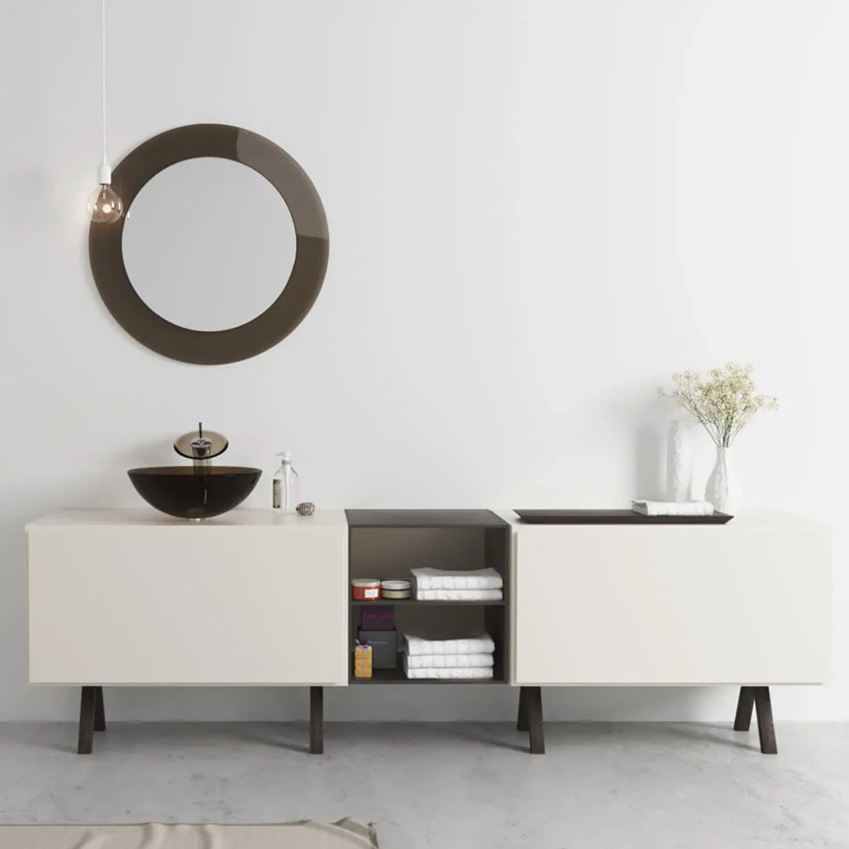 Rene 17" Round Glass Bathroom Sink, Cashmere, with Faucet, R5-5001-CAS-R9-7006-BN