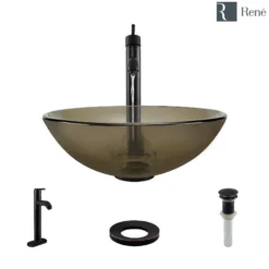 Rene 17" Round Glass Bathroom Sink, Cashmere, with Faucet, R5-5001-CAS-R9-7001-ABR