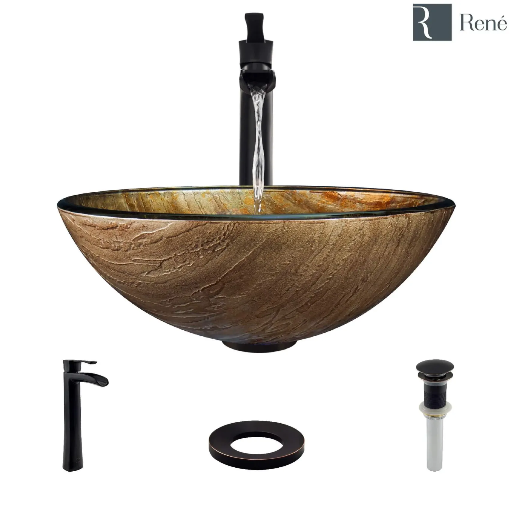 Rene 17" Round Glass Bathroom Sink, Bronze, with Faucet, R5-5030-R9-7007-ABR