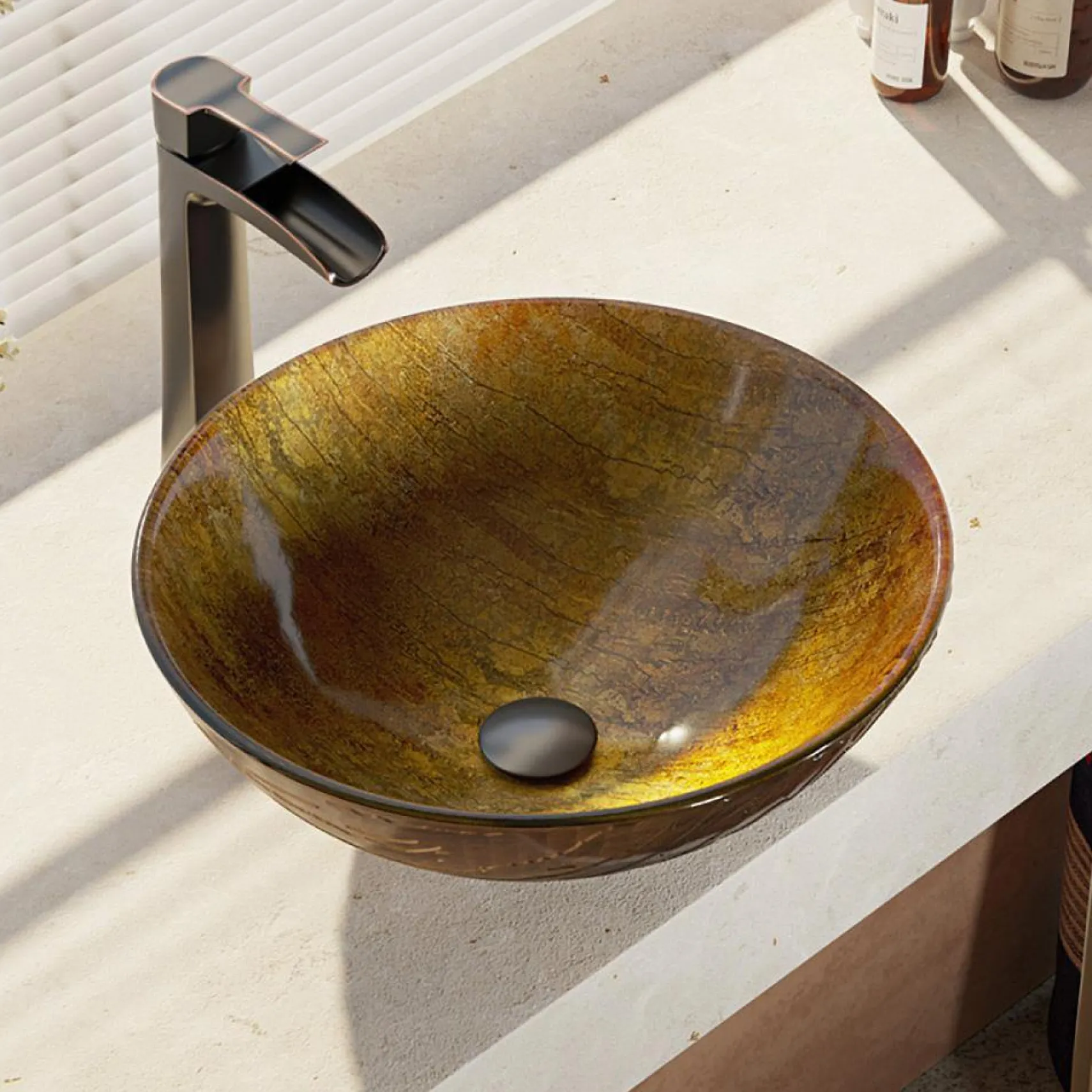 Rene 17" Round Glass Bathroom Sink, Bronze, with Faucet, R5-5030-R9-7007-ABR