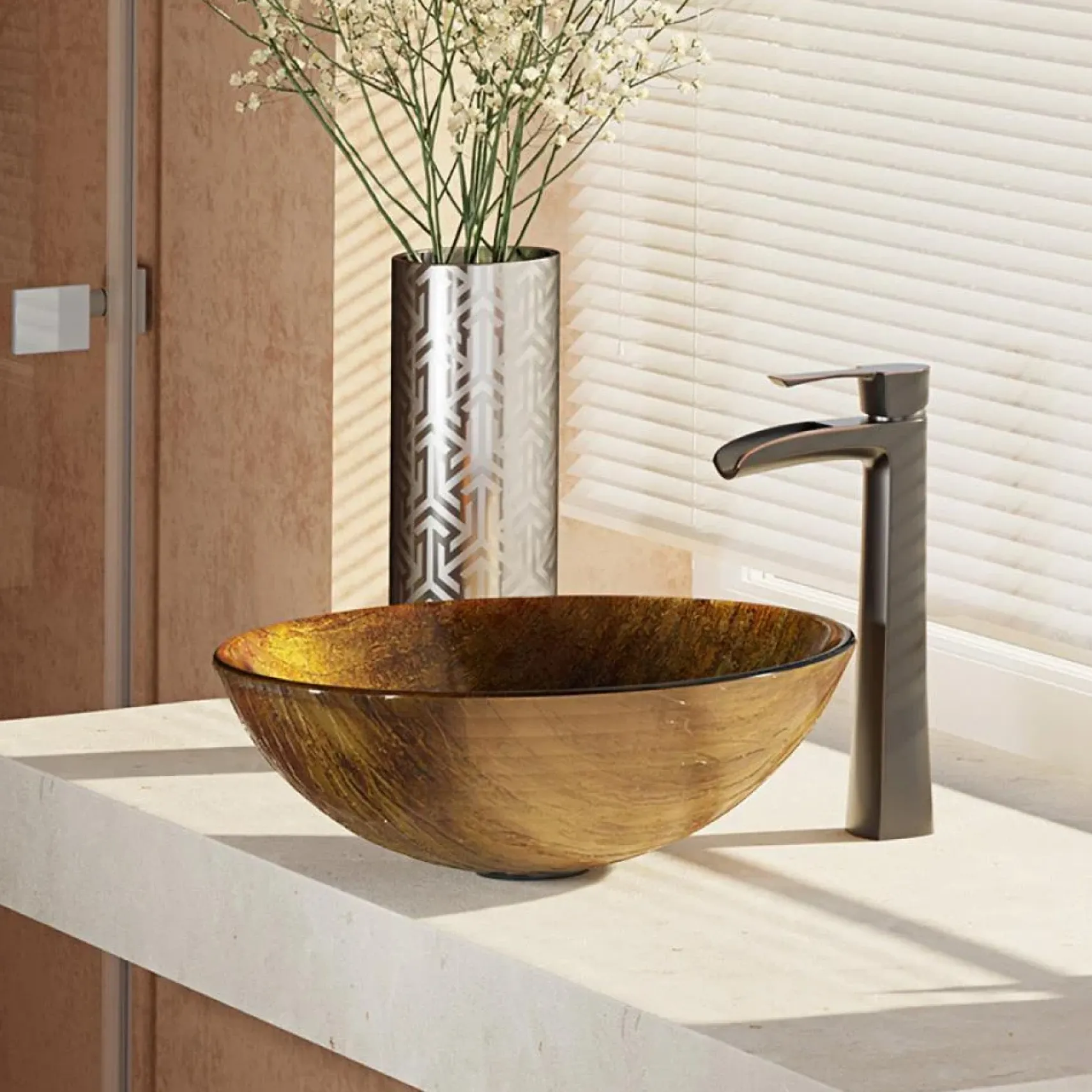 Rene 17" Round Glass Bathroom Sink, Bronze, with Faucet, R5-5030-R9-7007-ABR