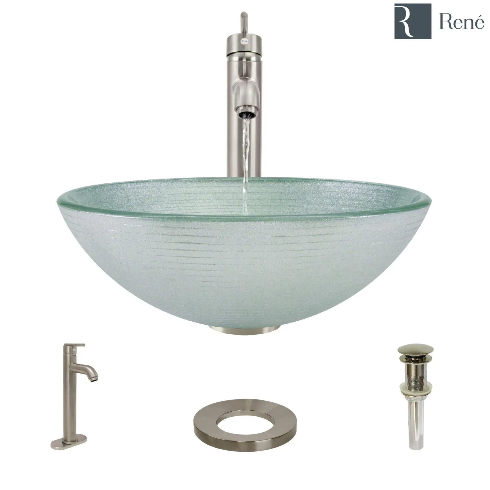 Rene 17" Round Glass Bathroom Sink, Sparkling Silver, with Faucet, R5-5034-R9-7001-BN