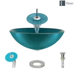 Rene 17" Round Glass Bathroom Sink, Cerulean, with Faucet, R5-5001-CER-WF-C