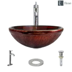 Rene 17" Round Glass Bathroom Sink, Fiery Red, with Faucet, R5-5018-R9-7001-C