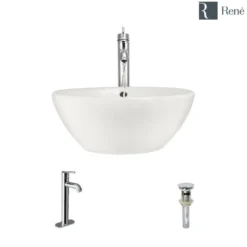Rene 16" Round Porcelain Bathroom Sink, Biscuit, with Faucet, R2-5031-B-R9-7001-C
