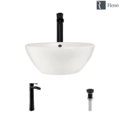 Rene 16" Round Porcelain Bathroom Sink, Biscuit, with Faucet, R2-5031-B-R9-7007-ABR