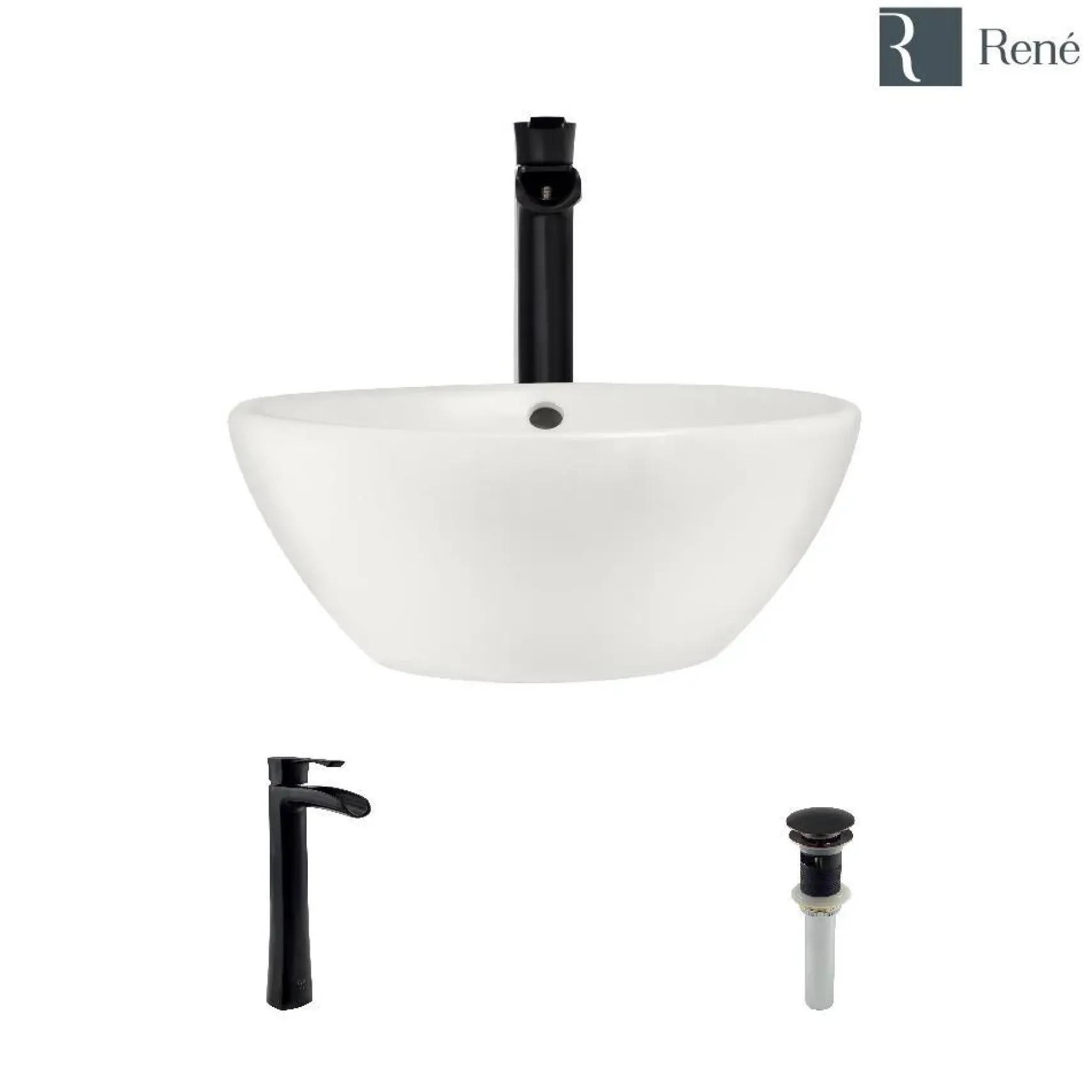 Rene 16" Round Porcelain Bathroom Sink, Biscuit, with Faucet, R2-5031-B-R9-7007-ABR